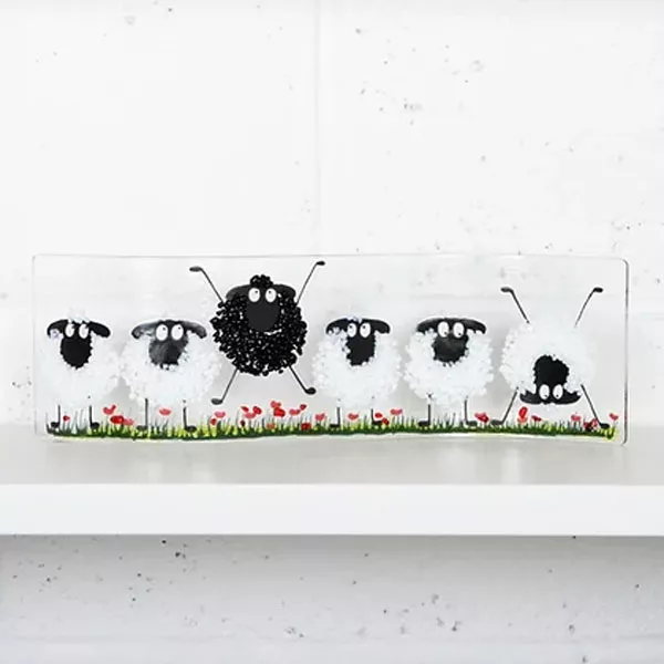 Pam Peters Sheep Black & White Wave Glass Art
