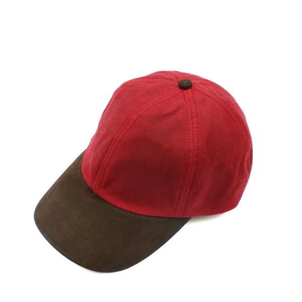 Baseball Cap Waxed With Leather Peak Maroon Red