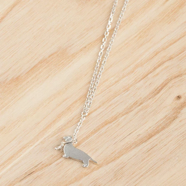 Sausage Dog On A Lead Silver Necklace