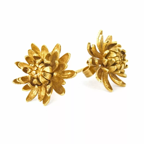 Chrysanthemum Flower Gold Plated Stud Earrings