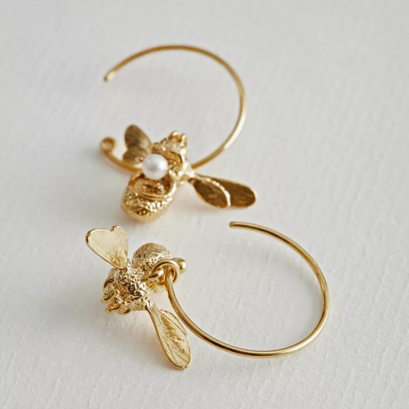 Flying Bee Gold Plated Hoops Earrings