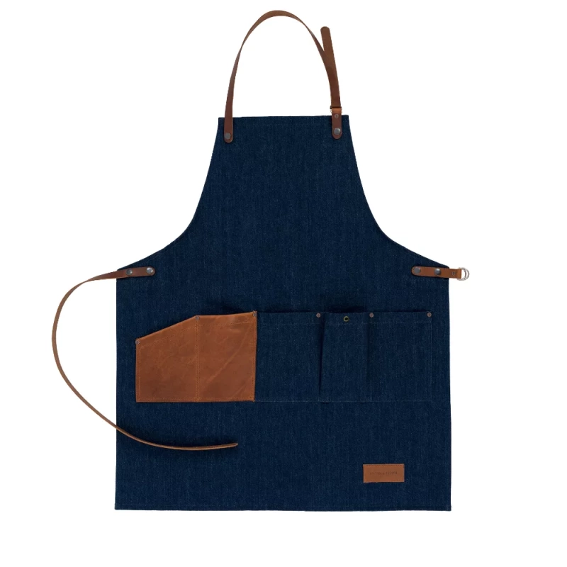 Artisan Apron With Leather Pocket Indigo Denim