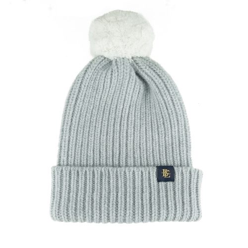Rib Knit Lambswool Bobble Hat Silver & White