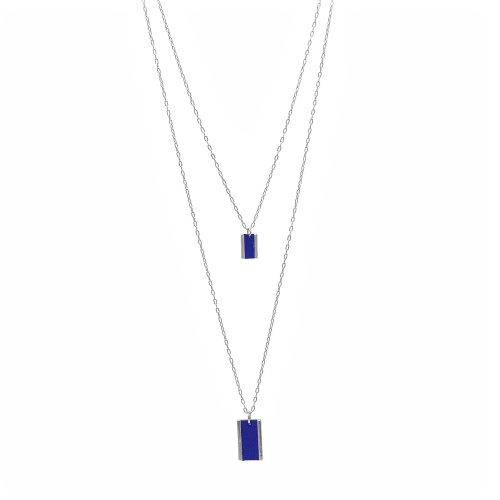 Leather Inlay Pewter Double Chain Necklace Blue