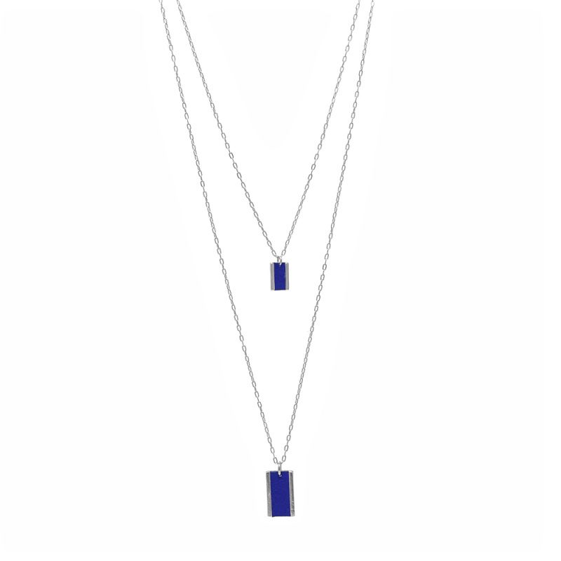 Leather Inlay Pewter Double Chain Necklace Blue