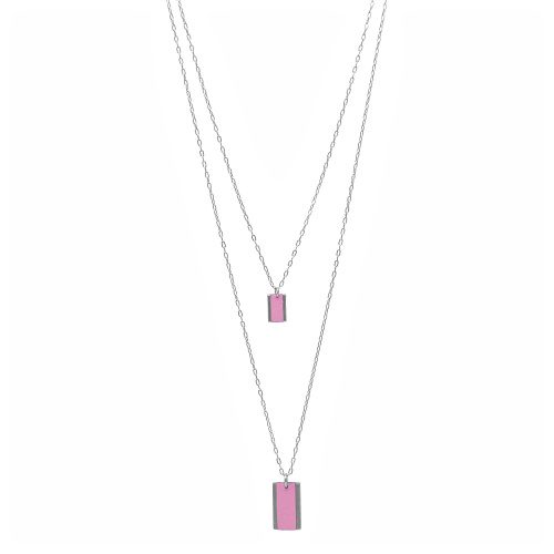 Leather Inlay Pewter Double Chain Necklace Pink
