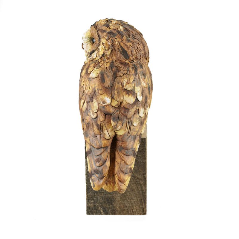 Tawny Owl Ceramic Sculpture On Wooden Block