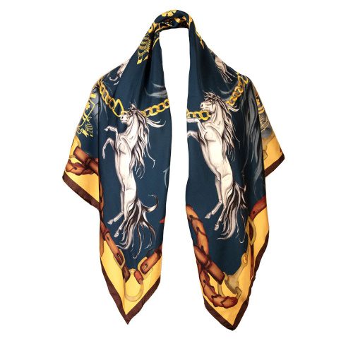Hold Your Horses Large Square Silk Scarf Navy & Gold