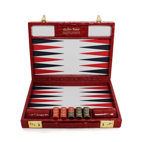 Alligator Leather Luxury Backgammon Board Travel Size Red
