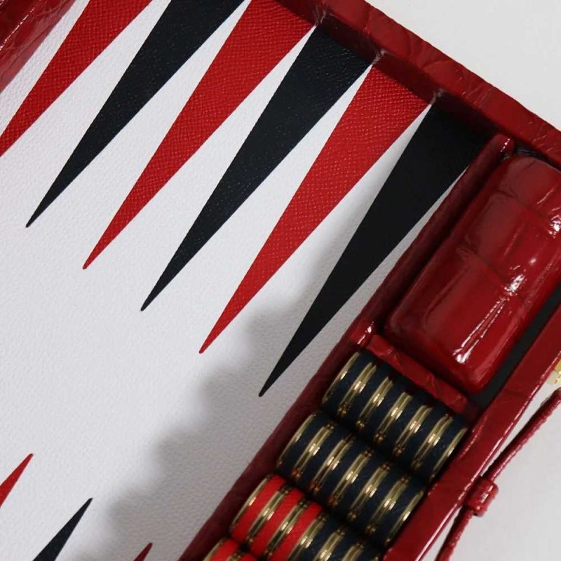 Alligator Leather Luxury Backgammon Board Travel Size Red