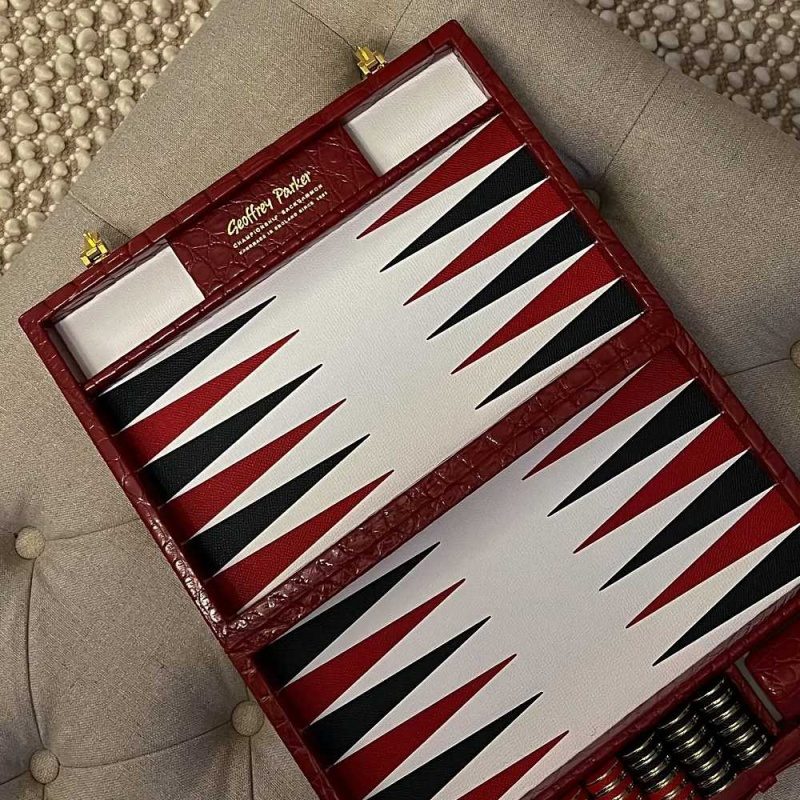 Alligator Leather Luxury Backgammon Board Travel Size Red