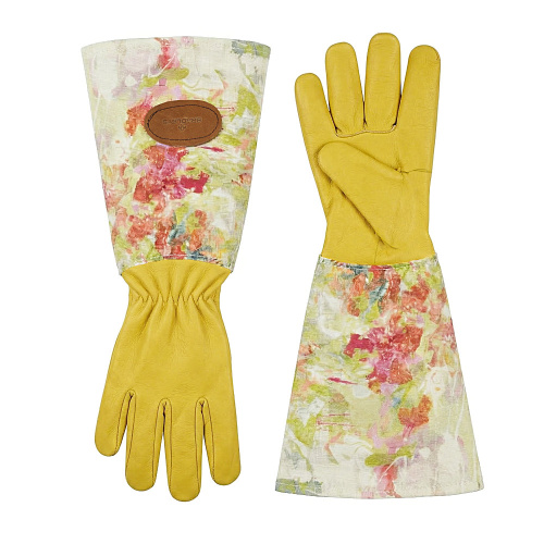 Abstract Linen Gardening Gloves Yellow Leather