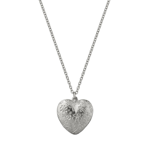 Floral Engraved Heart Necklace Silver