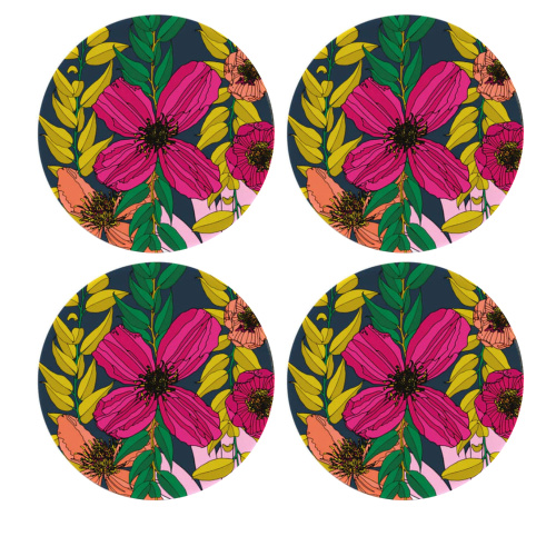 Vivid Garden Blooms Coaster Navy Set Of 4