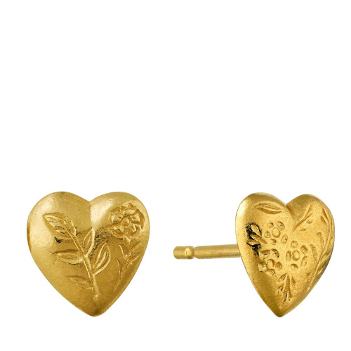 Floral Engraved Heart Stud Earrings Gold Plated