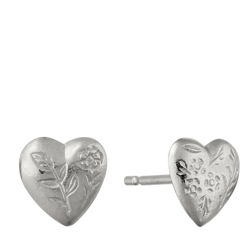 Floral Engraved Heart Stud Earrings Silver